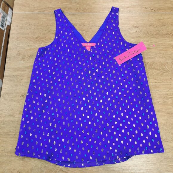 $118 NEW LILLY PULITZER Florin Sleeveless Silk Top Iris Blue Dotted Metallic XXS - Picture 2 of 6